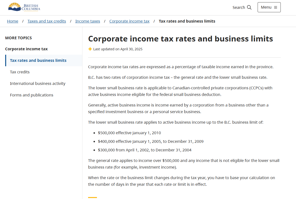 BC corporate income tax rates and small business limits